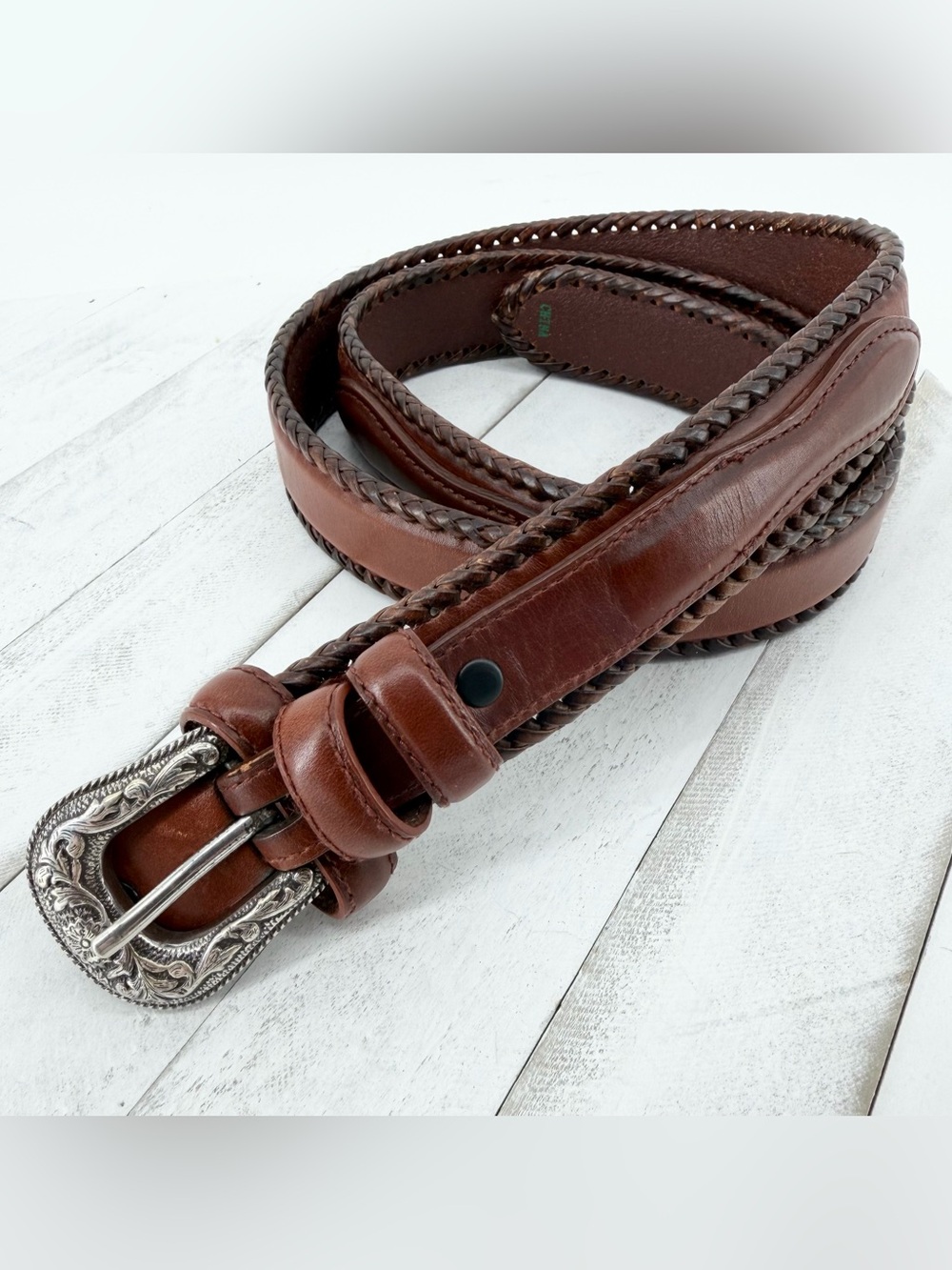 Resistol Size 38 Leather Ranger Belt Brown Braided Buckstitch Western Buckle
